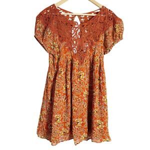 Free People Margot Terra Cotta Printed Lace Mini Dress Size Small